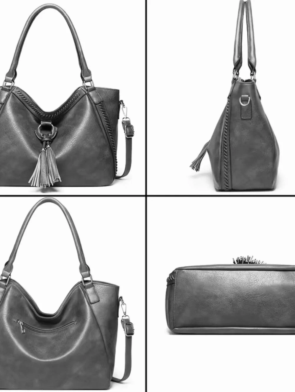 New -Faux Leather Shoulder Bag w/Tassel Details -Gray